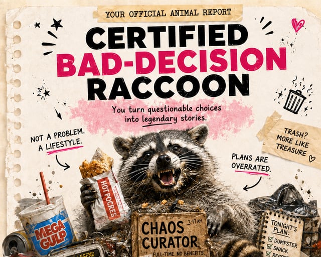 Certified Bad-Decision Raccoon: a playful raccoon illustration