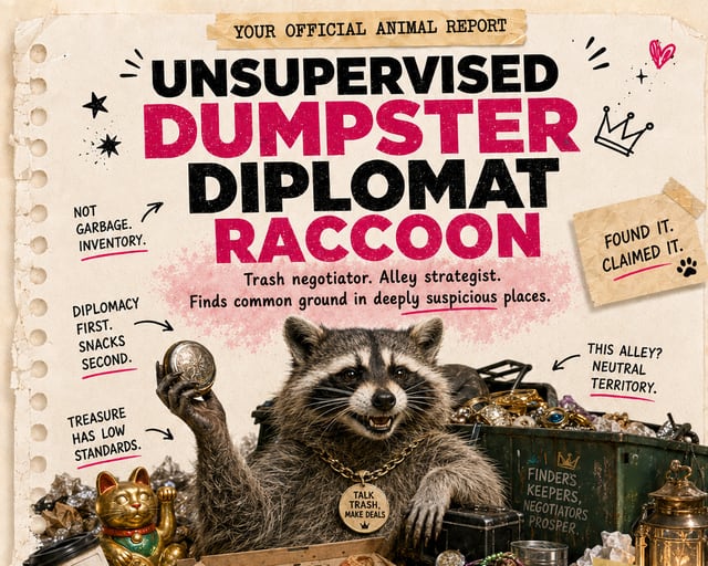 Unsupervised Dumpster Diplomat Raccoon: a playful raccoon illustration