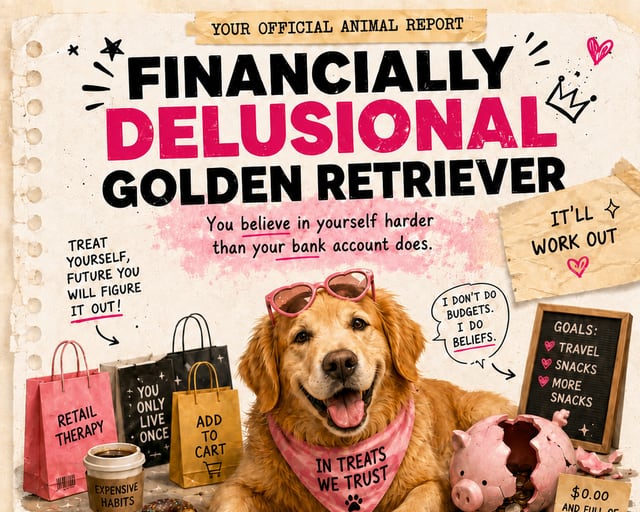 Financially Delusional Golden Retriever: a playful golden retriever illustration