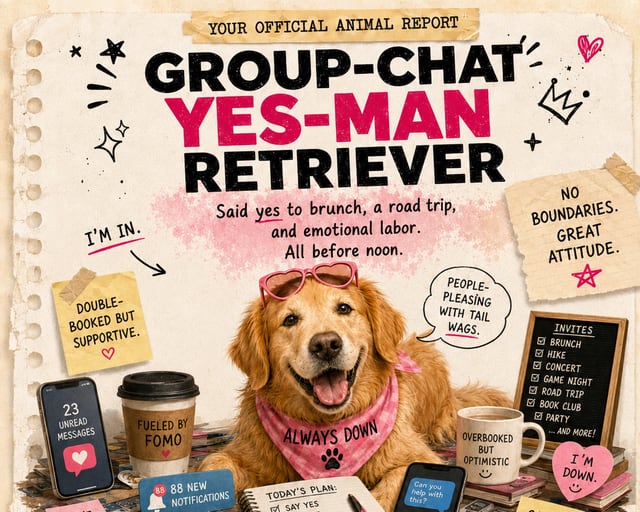 Group-Chat Yes-Man Retriever: a playful golden retriever illustration