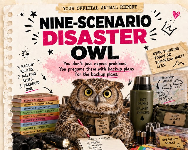 Nine-Scenario Disaster Owl: a playful owl illustration