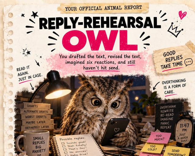 Reply-Rehearsal Owl: a playful owl illustration