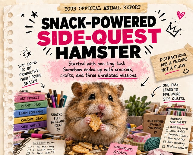 Snack-Powered Side-Quest Hamster: a playful hamster illustration