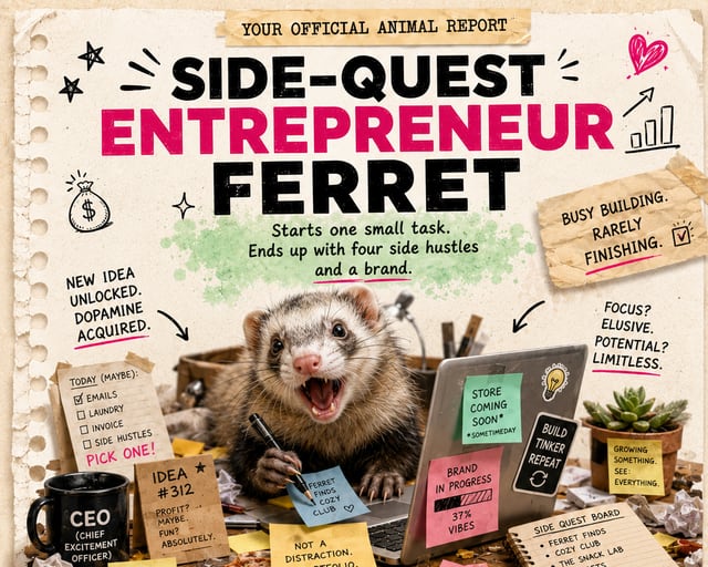 Side-Quest Entrepreneur Ferret: a playful ferret illustration