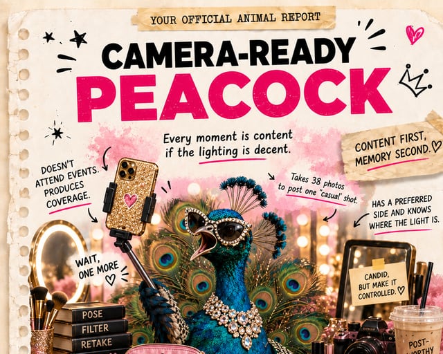 Camera-Ready Peacock: a playful peacock illustration