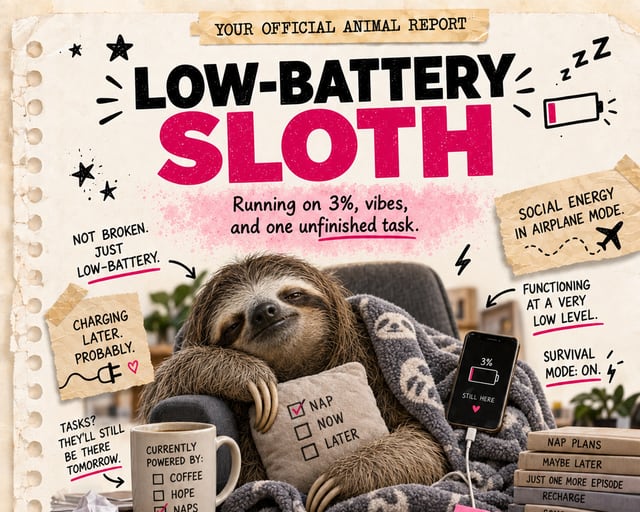 Low-Battery Sloth: a playful sloth illustration