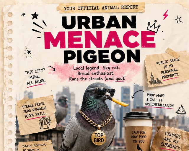 Urban Menace Pigeon: a playful pigeon illustration