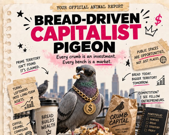 Bread-Driven Capitalist Pigeon: a playful pigeon illustration