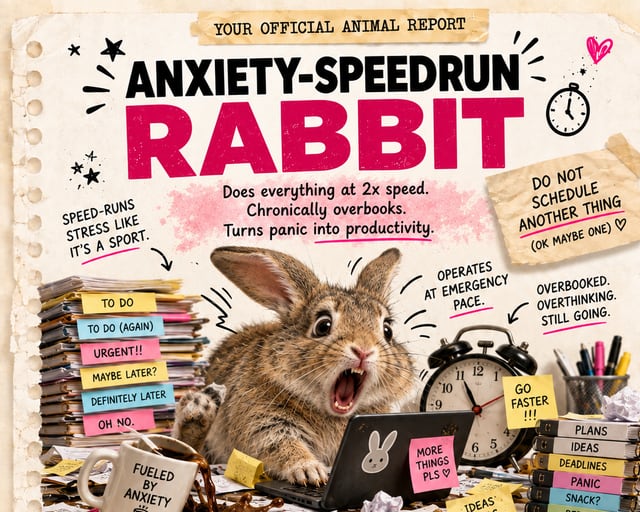 Anxiety-Speedrun Rabbit: a playful rabbit illustration