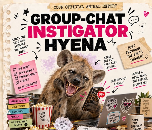 Group-Chat Instigator Hyena: a playful hyena illustration
